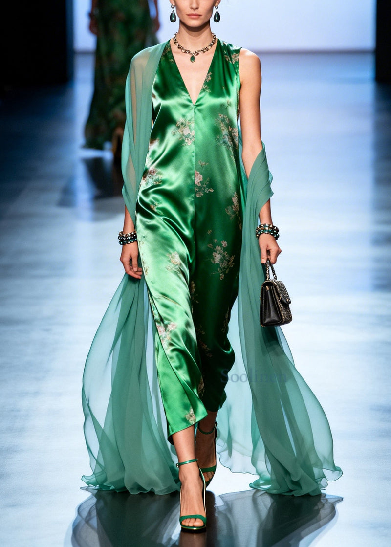 Green Print Patchwork Tulle Holiday Dress Summer