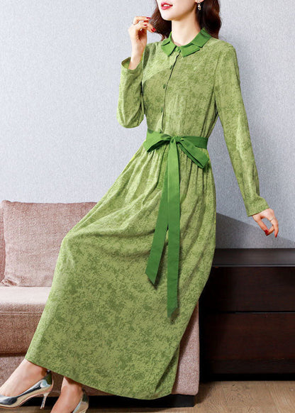 Green Print Tie Waist Linen Holiday Dress Spring