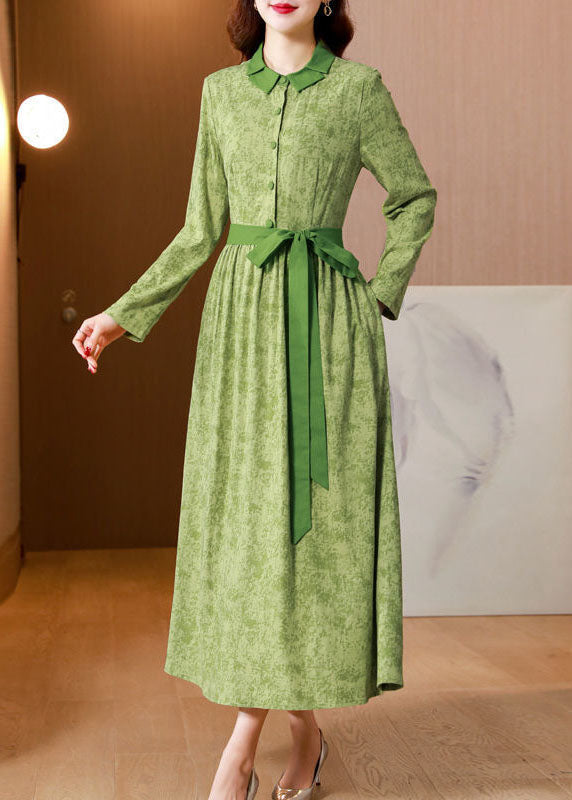 Green Print Tie Waist Linen Holiday Dress Spring