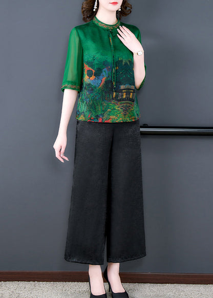 Green Print Tops and Pants Silk Two Pieces Set Summer