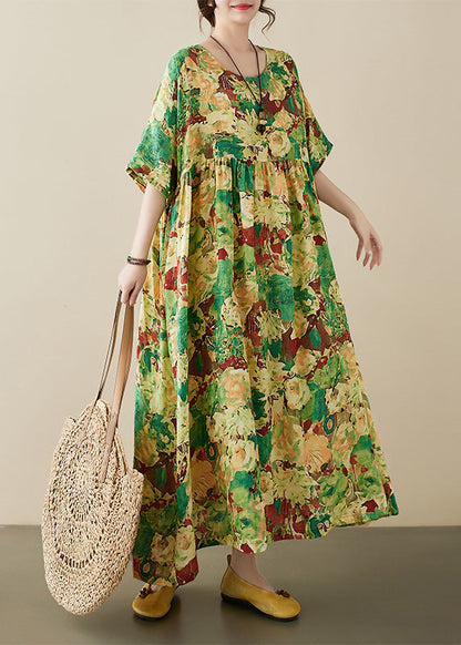 Green Print Wrinkled Maxi Dresses Short Sleeve