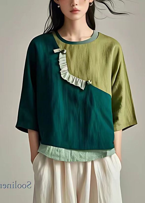 Green Ruffled Patchwork T Shirt Summer