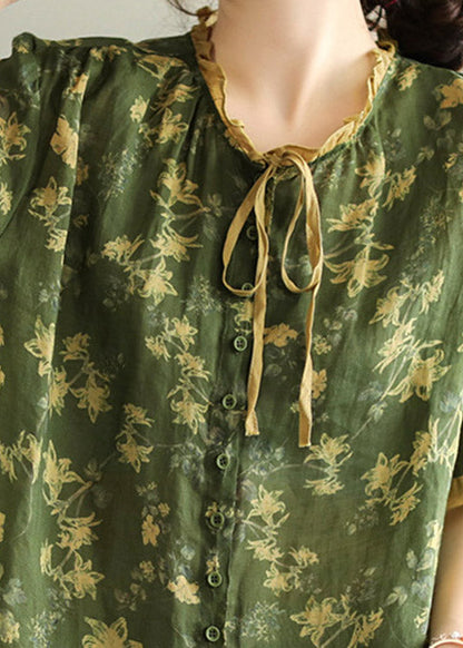 Green Ruffled Print Button Linen Shirt Short Sleeve