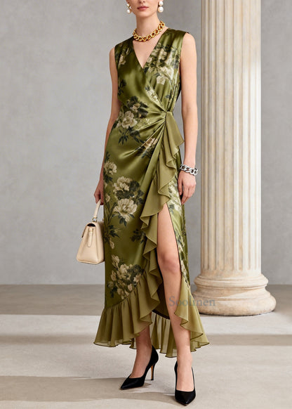 Green Ruffled Print Chiffon Long Dress Sleeveless