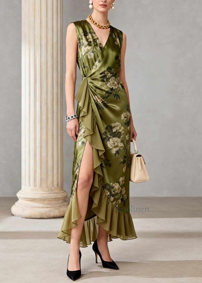 Green Ruffled Print Chiffon Long Dress Sleeveless