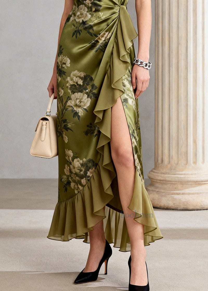 Green Ruffled Print Chiffon Long Dress Sleeveless