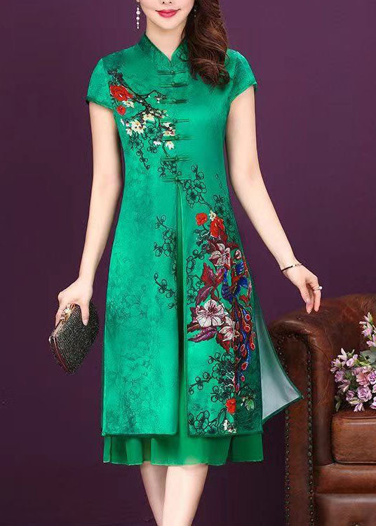 Green Stand Collar Chinese Button Patchwork Silk Dress Summer