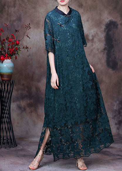Green Stand Collar Patchwork Side Open Lace Long Dresses Half Sleeve