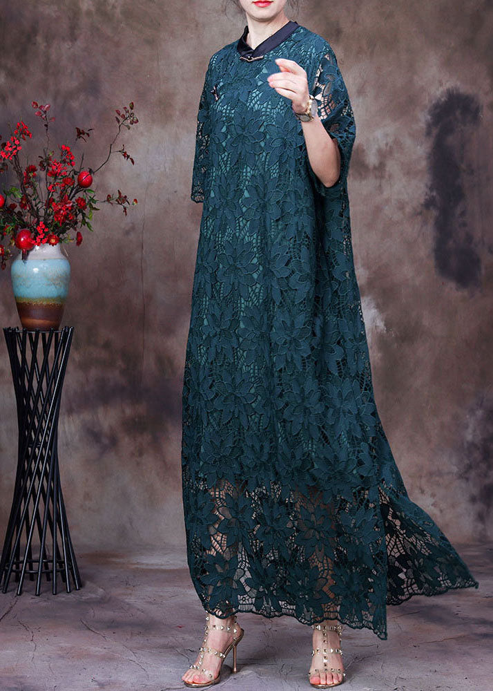 Green Stand Collar Patchwork Side Open Lace Long Dresses Half Sleeve