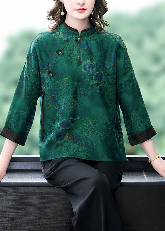 Green Stand Collar Print Button Patchwork Silk Top Spring