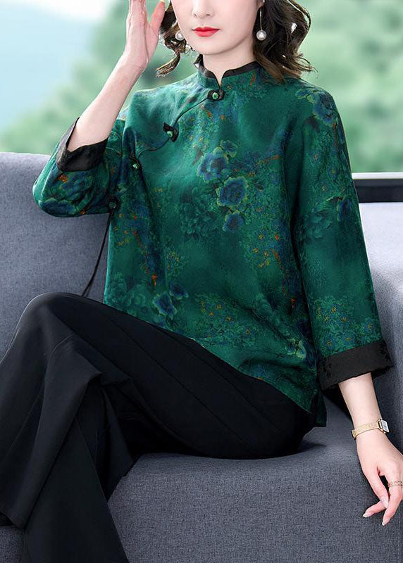 Green Stand Collar Print Button Patchwork Silk Top Spring