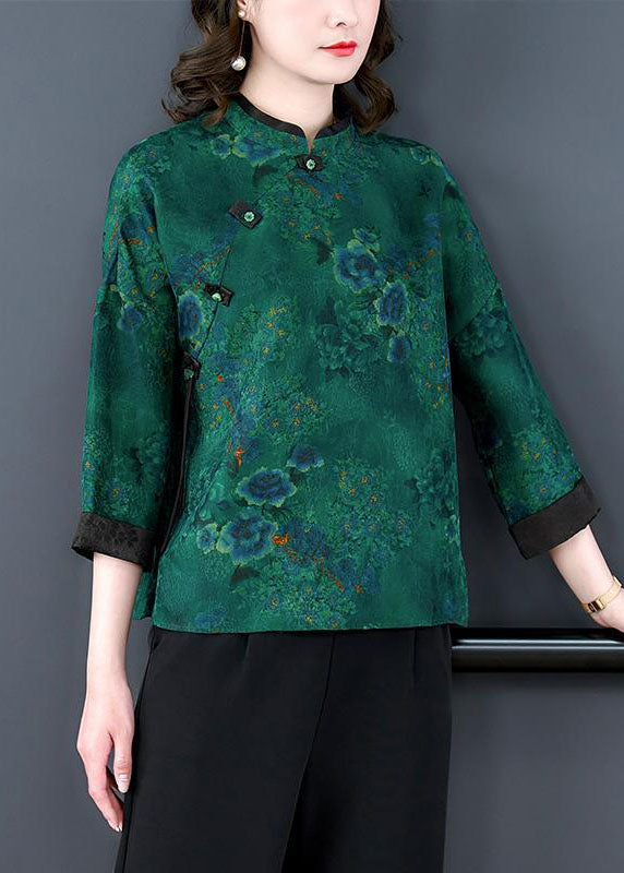 Green Stand Collar Print Button Patchwork Silk Top Spring