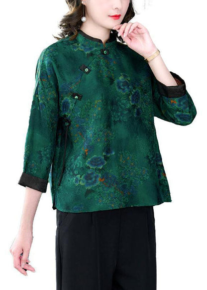 Green Stand Collar Print Button Patchwork Silk Top Spring