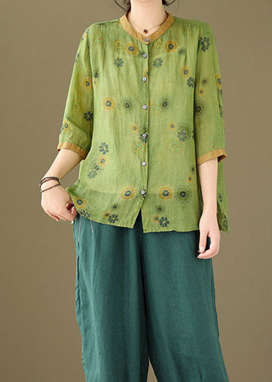 Green Stand Collar Print Patchwork Linen Top Summer