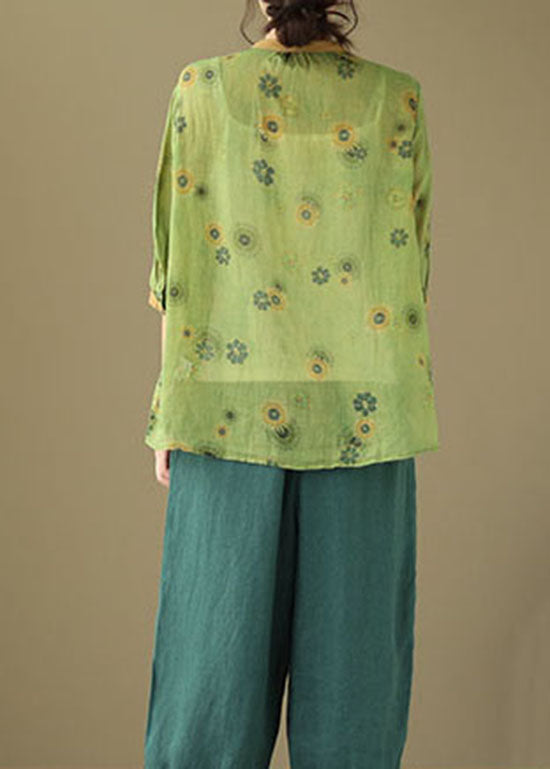 Green Stand Collar Print Patchwork Linen Top Summer