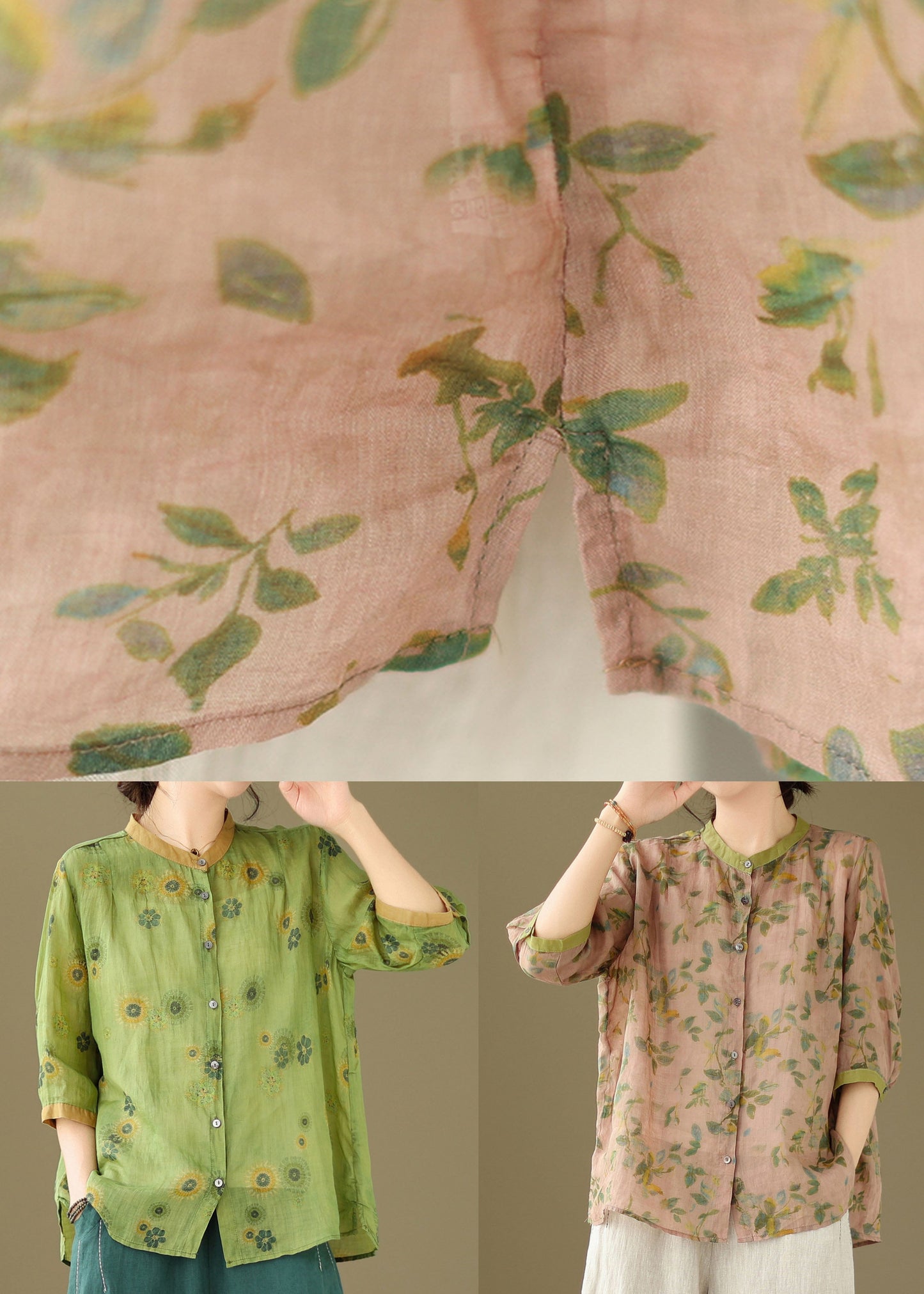 Green Stand Collar Print Patchwork Linen Top Summer