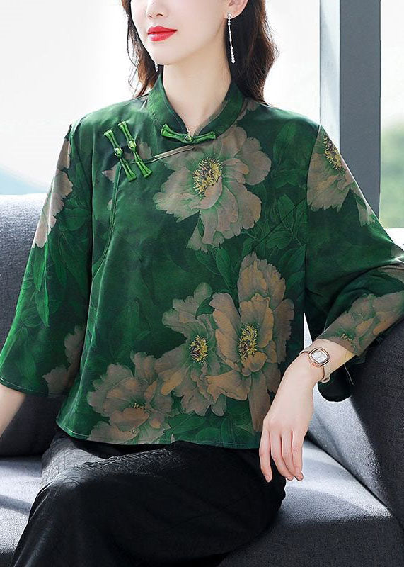 Green Stand Collar Print Patchwork Silk Shirt Spring