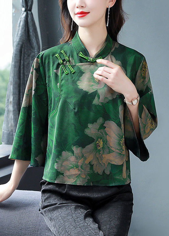 Green Stand Collar Print Patchwork Silk Shirt Spring