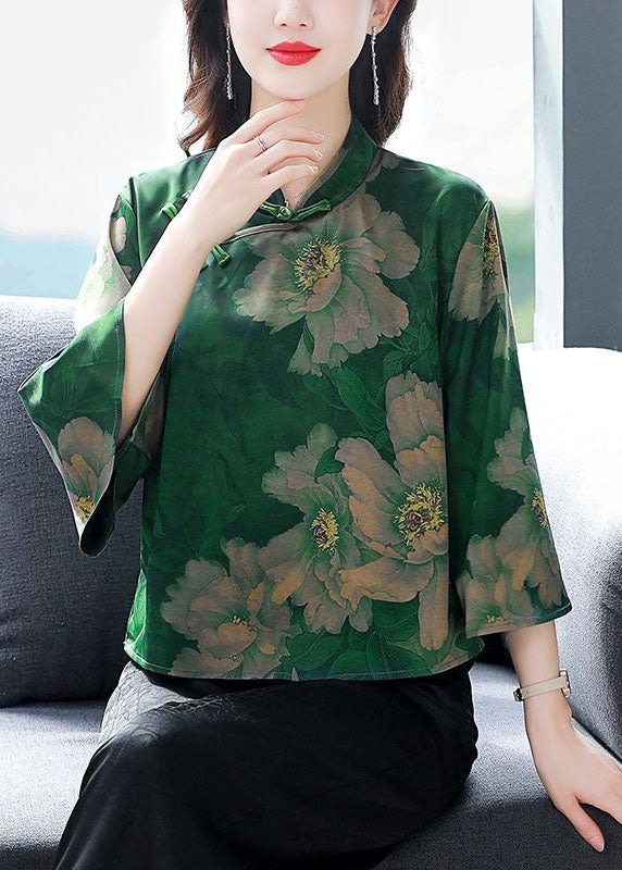 Green Stand Collar Print Patchwork Silk Shirt Spring