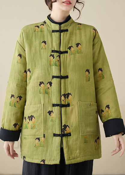Green Stand Collar Print Pockets Parkas Winter