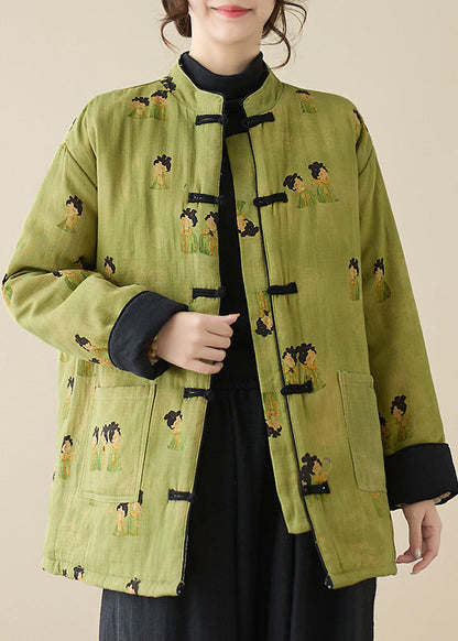 Green Stand Collar Print Pockets Parkas Winter