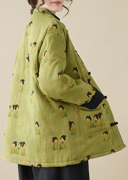 Green Stand Collar Print Pockets Parkas Winter