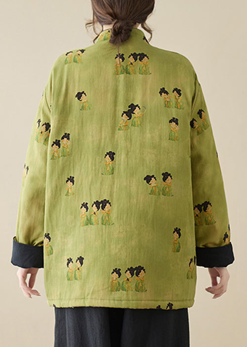 Green Stand Collar Print Pockets Parkas Winter