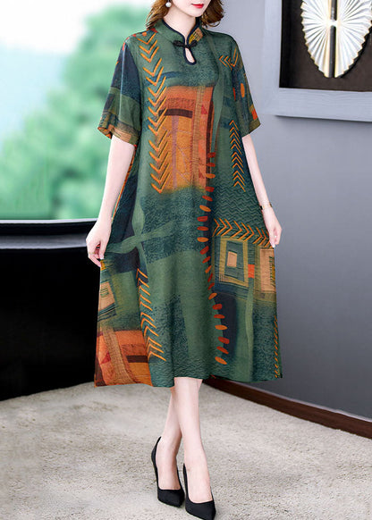 Green Stand Collar Print Side Open Patchwork Silk Dresses Summer