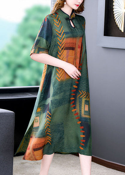 Green Stand Collar Print Side Open Patchwork Silk Dresses Summer