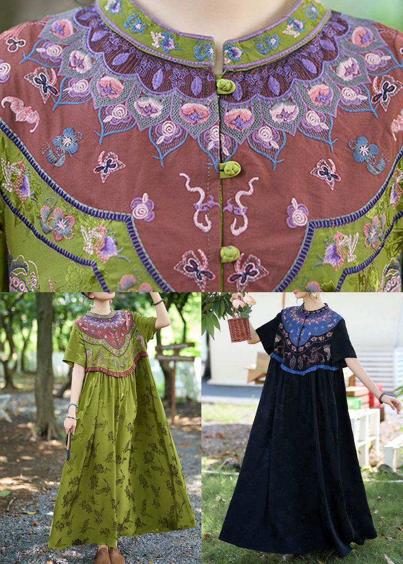 Green Stand Collar Ruffled Embroidered Silk Dresses Summer