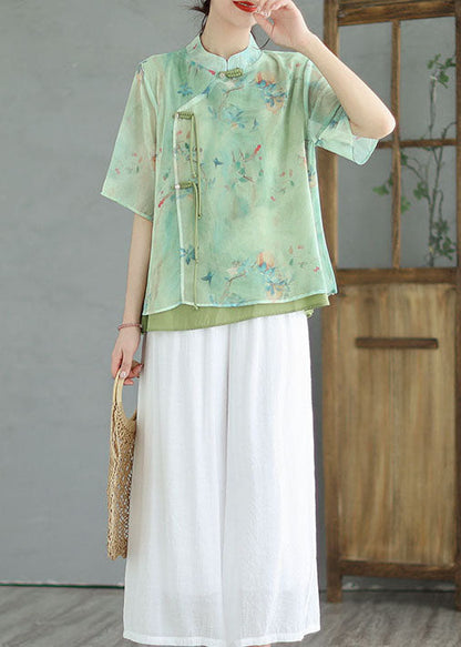 Green Stand Collar Tasseled Patchwork Cotton Shirt Tops Summer