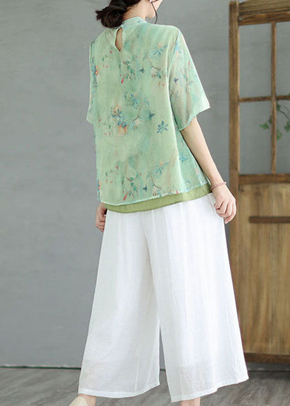Green Stand Collar Tasseled Patchwork Cotton Shirt Tops Summer