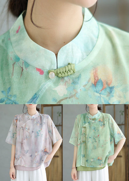 Green Stand Collar Tasseled Patchwork Cotton Shirt Tops Summer