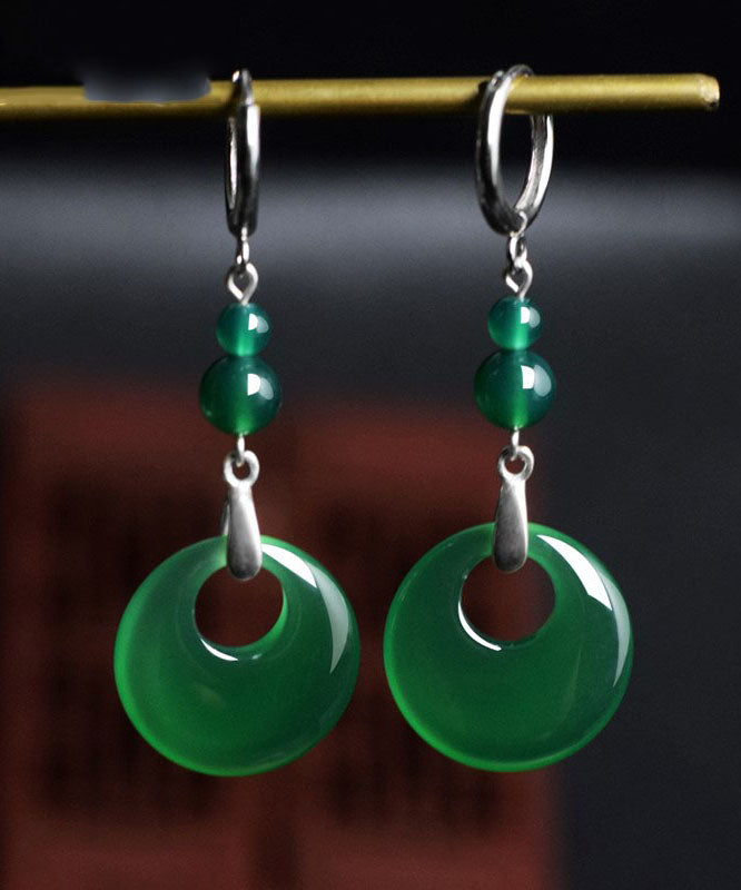 Green Sterling Silver Inlaid Chalcedony Drop Earrings