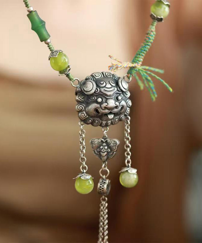 Green Sterling Silver Jade Tassel Lariat Necklace Qj051