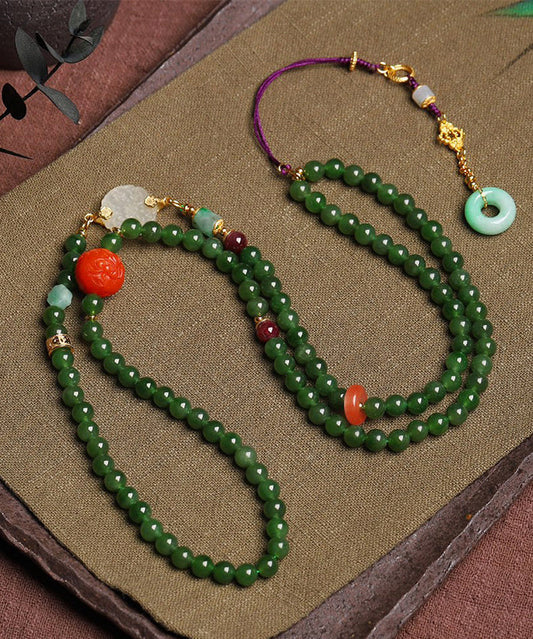 Green Sterling Silver Overgild Agate Jade Ping Buckle Pendant Necklace