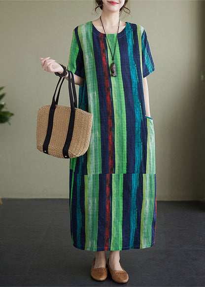 Green Striped O-neck Holiday Long Dress Short Sleeve