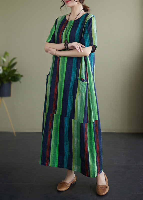Green Striped O-neck Holiday Long Dress Short Sleeve