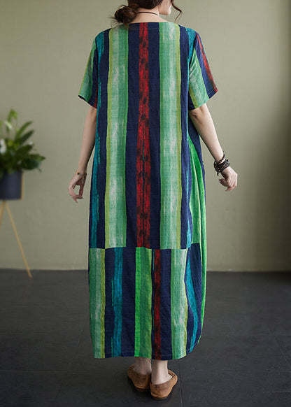 Green Striped O-neck Holiday Long Dress Short Sleeve