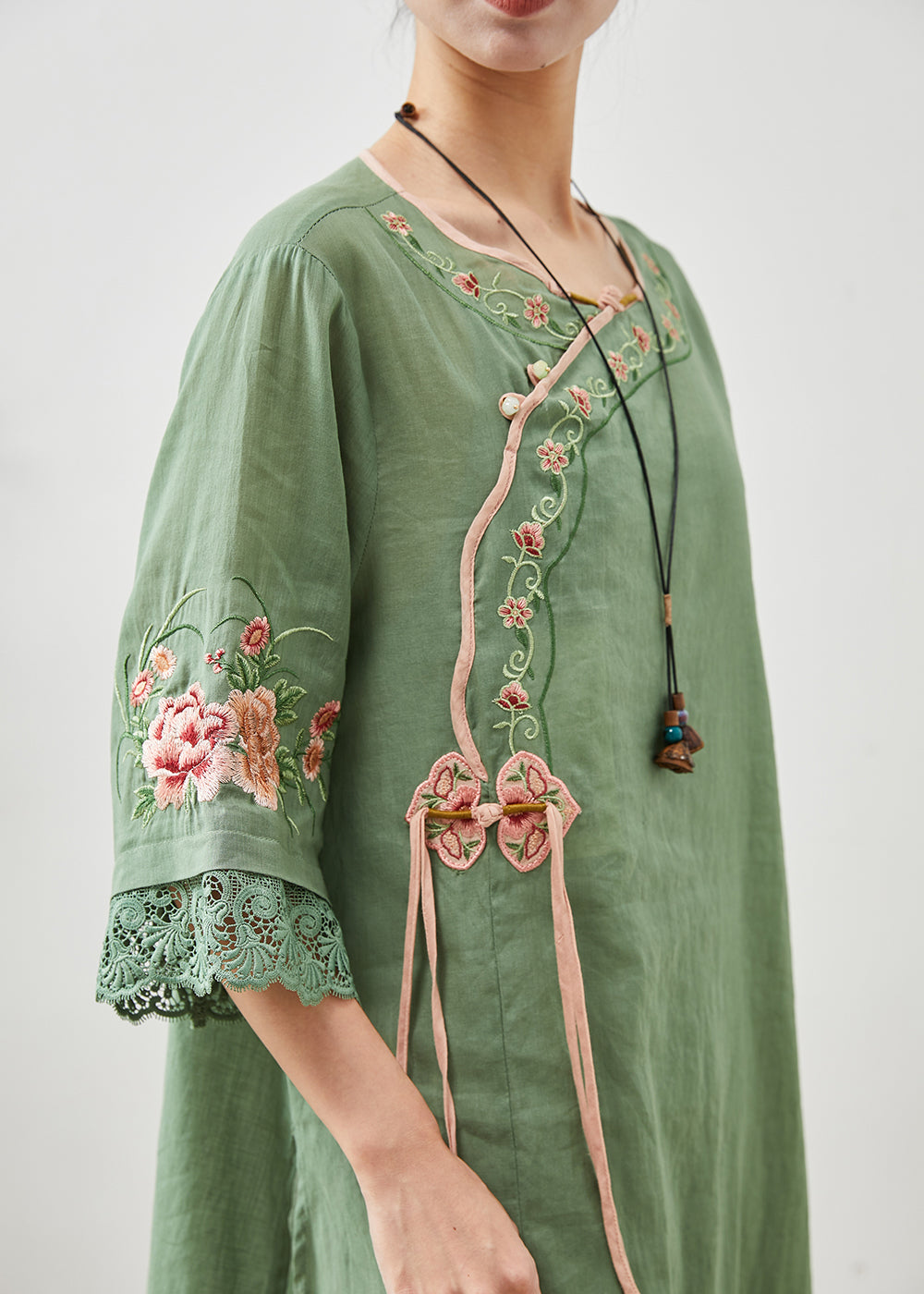 Green Tasseled Embroidered Linen Dresses Summer