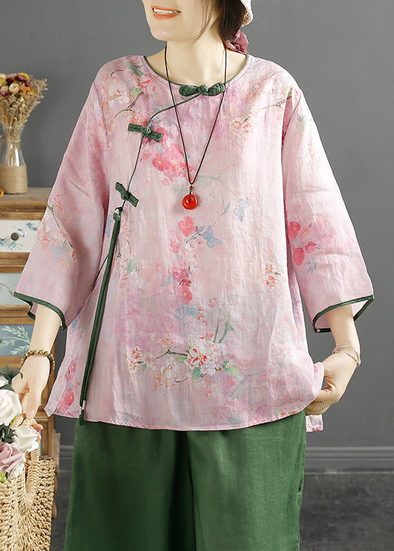 Green Tasseled Print Linen Shirt Spring