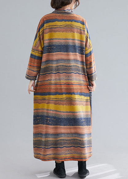 Green Turtle Neck Patchwork Striped Cotton Ankle Dress Spring