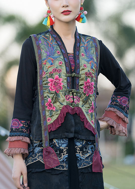 Green V Neck Embroideried Button Satins Waistcoat Spring