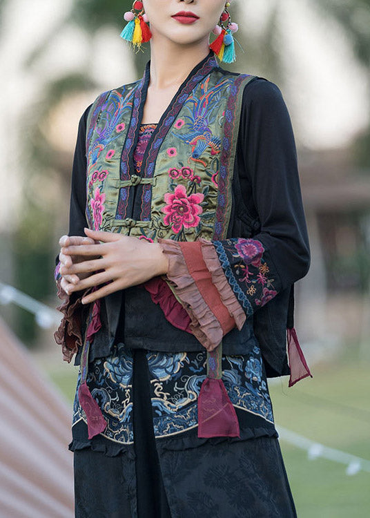 Green V Neck Embroideried Button Satins Waistcoat Spring