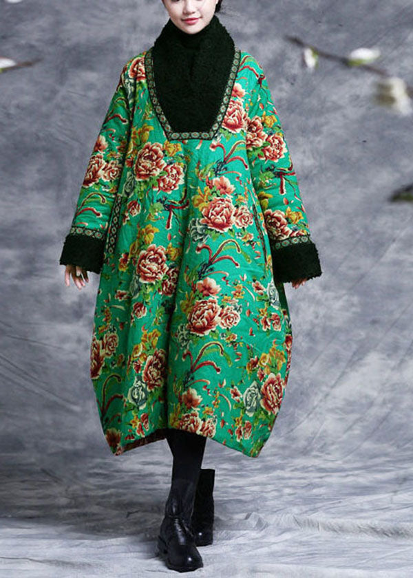Green V Neck Patchwork Teddy Faux Fur Fine Cotton Filled Dress Caftan Winter