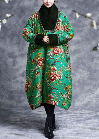 Green V Neck Patchwork Teddy Faux Fur Fine Cotton Filled Dress Caftan Winter