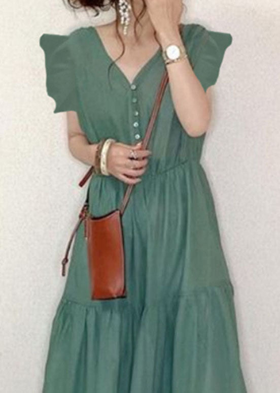 Green V Neck Patchwork Wrinkled Cotton Dresses Summer
