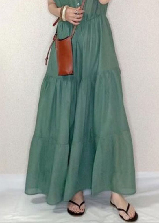 Green V Neck Patchwork Wrinkled Cotton Dresses Summer
