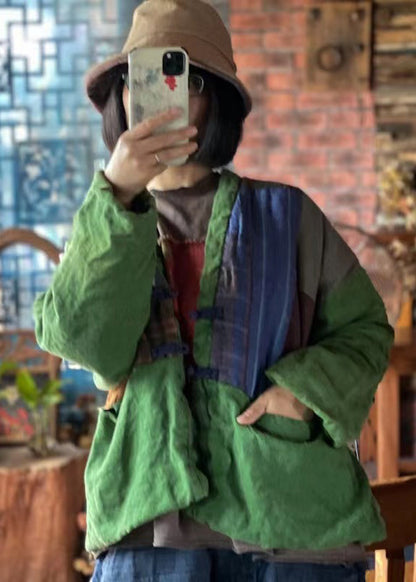 Green V Neck Pockets Patchwork Fine Cotton Filled Jackets Winter