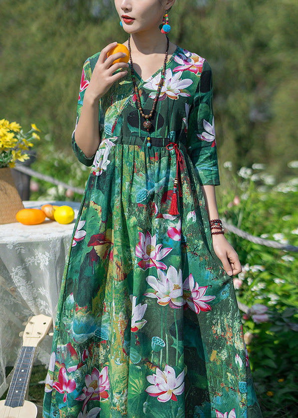 Green V Neck Print Elastic Waist Maxi Dresses Spring